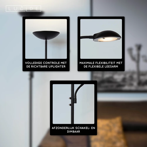 Lucide ZENITH - Leeslamp - LED Dimb. - 3000K - Zwart - USP